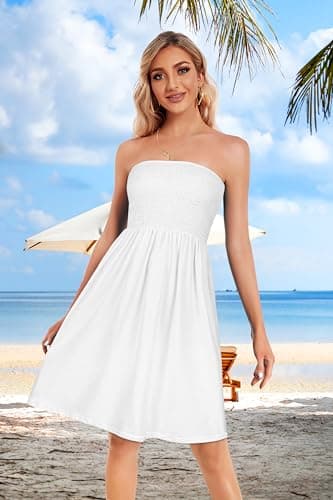 CHICGAL Tube Top Dress for Women White Strapless Dress Summer Mini Dresses Ruffle Beach Sundress.(A Solid White,S) thumbnail 3