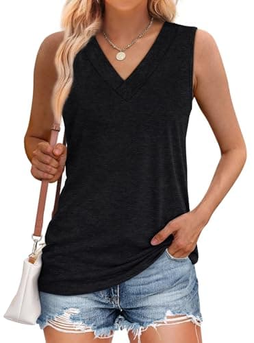WIHOLL Womens Tank Tops Summer Tops for Women 2025 V Neck T Shirts Trendy Sleeveless Tunic Tops Beach Shirt Black Tops Basic Shirts Black L thumbnail 2