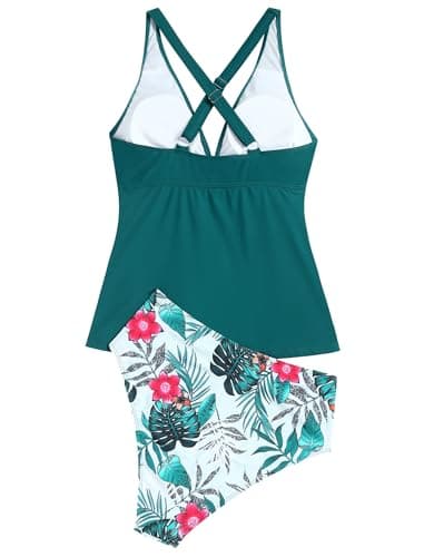 ZAFUL Women's Tankini Swimsuits V Neck Tummy Control Two Piece Bathing Suit Cross Back High Waisted Bikini (2-Peacock Green, M), Medium thumbnail 4