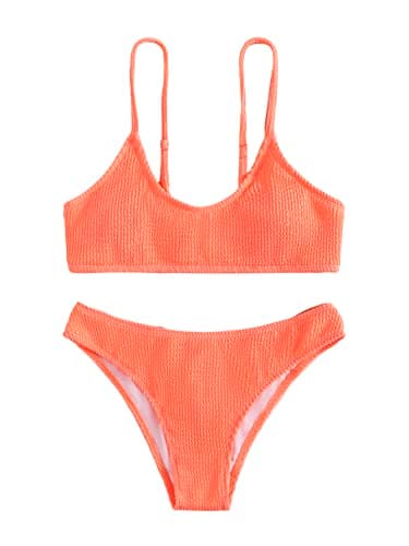 SOLY HUX Bikini Sets for Women Solid Textured Bikini Bathing Suits 2 Piece Swimsuit Solid Coral Orange M