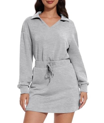 Casly Lamiit Two Piece Skirt Outfits for Women Tennis Workout Skort Set Casual Athleisure Track Suits Lounge Travel Short Sets Sweatsuit Light Grey XL