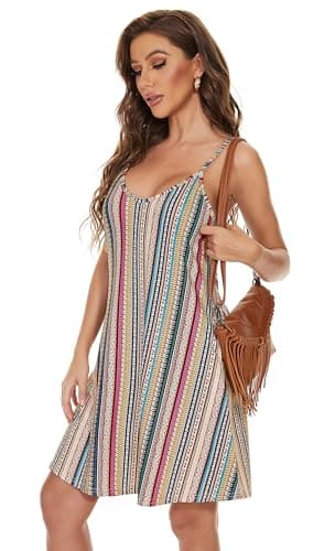JOELLYUS Womens Summer Dresses Spaghetti Strap Sundress Casual Beach Cover Ups Swing Dress with Pockets (Stripe,M) thumbnail 3