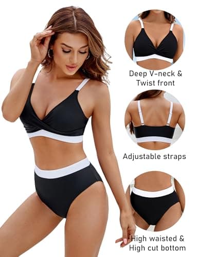 BMJL Women's High Waisted Bikini Sets V Neck Two Piece Swimsuit Color Block Twist Front Bathing Suits(M,Black) thumbnail 3