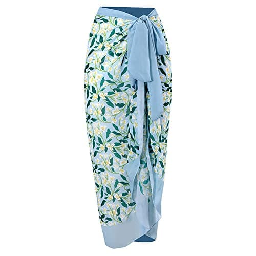 Three Pieces Swimsuits for Women with Matching Sarong Skirt Sleeveless Bra Swim Top High Waist Tummy Control Bikin Bottom Mesh Sheer Cover Ups Push Up Floral Laddies Bathing Suit Blue (3PCS) M thumbnail 3