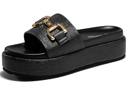Coutgo Womens Platform Sandals Raffia Espadrilles Metal Chain Slip on Open Toe Cute Beach Slide Sandals