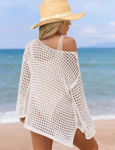 Buauty Women's Swimsuit Crochet Cover Up | Bathing Suit Swimwear Short Sleeve Knit Beach Dress Summer Vacation Outfits thumbnail 4