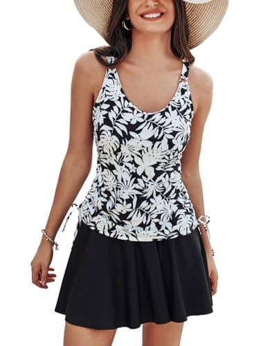 Kate Kasin Tankini Swimsuits for Women Two Piece Bathing Suits with Skirt Tummy Control Modest Drawstring Ruched Swimdress Black Floral