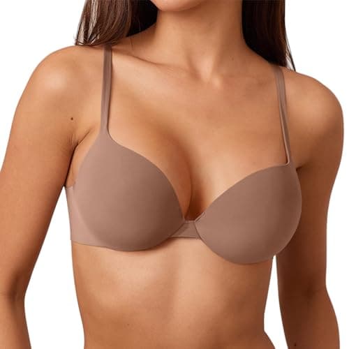REORIA Women's Teardrop No-Poke Push Up Underwire Bra Sexy Plunge Seamless Supportive Back Smoothing Tshirt Bras for Women Sienna 34C