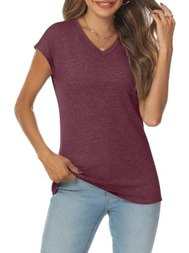 AUTOMET V Neck T Shirts for Women Spring Summer Fall Tops Teacher Work Business Dressy Casual Blouses Basic Tees Boho Fashion WineRed L thumbnail 3