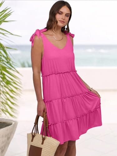 Caracilia Women 2025 Summer Beach Vacation Dress Sleeveless V Neck Tie Shoulder Flowy Casual Cute Mini Sundress with Pockets Hot Pink Small thumbnail 3