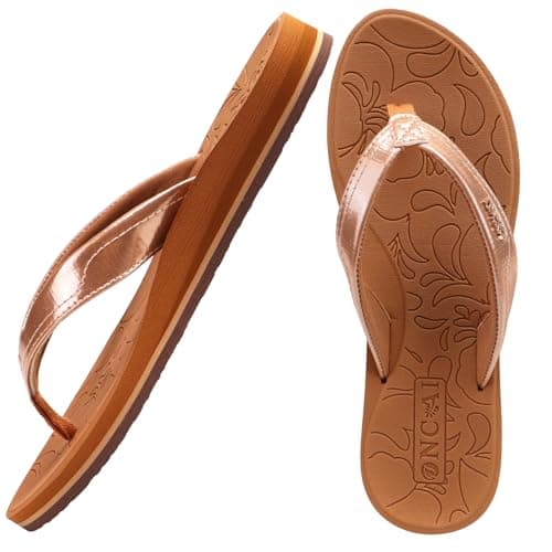ONCAI Women's Flip Flops Comfortable Summer Beach Thong Sandals for Women 2025 with Cushion Walking Arch Support Yoga Mat Indoor Outdoor Soles Khaki Size 8