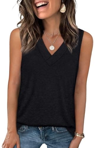 WIHOLL Womens Tank Tops Summer Tops for Women 2025 V Neck T Shirts Trendy Sleeveless Tunic Tops Beach Shirt Black Tops Basic Shirts Black L