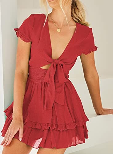 miduo Womens Dress Summer Deep V Neck Self Tied Smocked Waist Short Sleeve Ruffle Party Beach Mini Dresses Red XL thumbnail 3