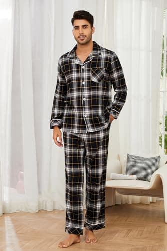 Vulcanodon Men's 100% Cotton Flannel Pajama Sets, Soft Plaid PJS Long Sleeve Sleepwear 2 Piece Button Down Lounge Set(A-Black Yellow Plaid,L) thumbnail 3