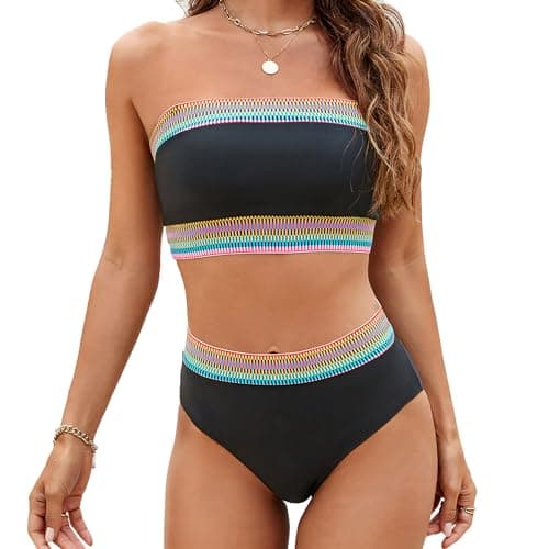Yii ouneey Women Bikini Two Piece Bandeau Swimsuits High Waisted Strapless Bathing Suit Color Block Tummy Control Swim Suits
