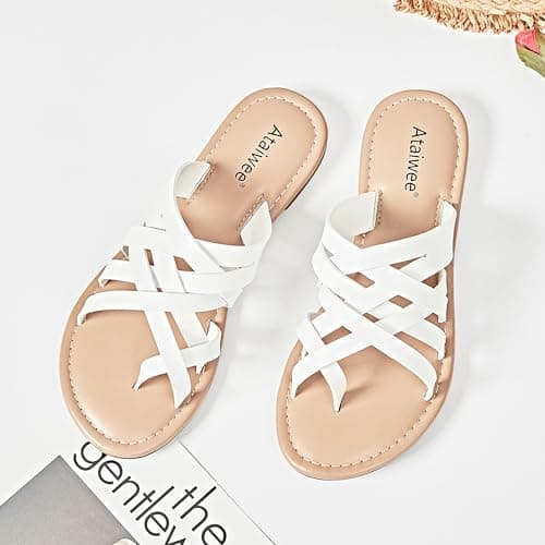 Ataiwee Women's Flat Slide Sandals – Comfort Casual Multiple Cross Pinstripe Summer Shoes.(1908021-4,WT/MF,10) thumbnail 4