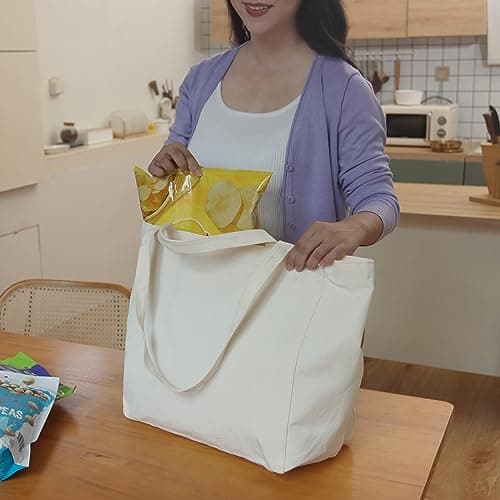 Firecolor Chic 15" X 14.5" X 8" Large Sturdy Canvas Tote Bag – Big Largest Grocery Shopping Beach Reusable Totes Bags With Double Handle (Beige) thumbnail 3