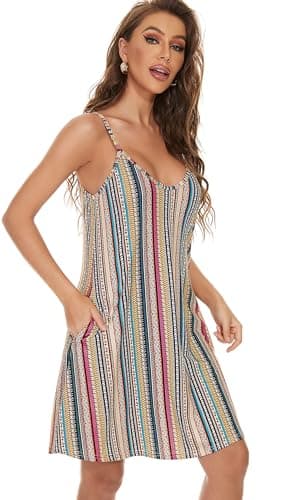 JOELLYUS Womens Summer Dresses Spaghetti Strap Sundress Casual Beach Cover Ups Swing Dress with Pockets (Stripe,M) thumbnail 4