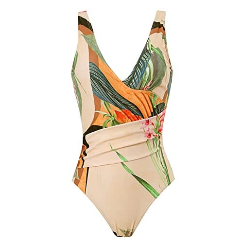 ODOLDI Women's Floral Swimsuit with Sarong Cover Up Wrap Skirt, Tummy Control Swimsuit, Bathing Suits Cover Up Outfit, Apricot Floral, S, Polyester+Spandex thumbnail 2