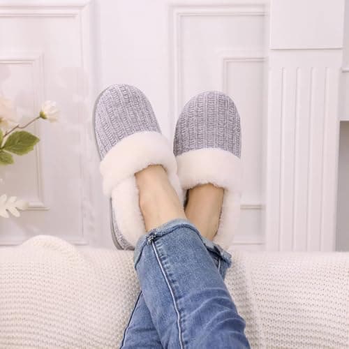 Evshine Women's Fuzzy Memory Foam Slippers, Closed Back Knit Bedroom Slippers, Slip-On Warm House Shoes for Indoor &amp; Outdoor Comfort, Grey, 38-39 (Size 7-8) thumbnail 2