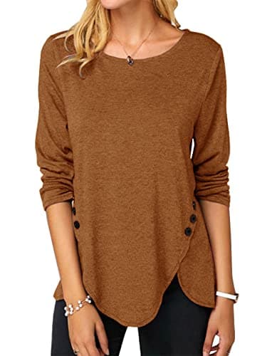Fisoew Womens Casual Long Sleeve Tunic Shirts Round Neck Button Side Blouses Tops Brown