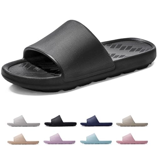 Frykun Slides for Women Shower Shoes Bathroom Slippers Non-slip Sandals Flip-flops Perfect for College Dorm Pool Home Beach Camping Gym Coach Bedroom Travel (Black 40-41)