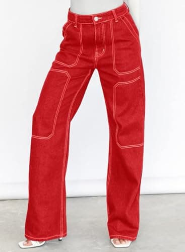 Dokotoo Womens Casual Mid Waist Cargo Jeans for Women Straight Wide Leg Denim Pants Red Size 6 thumbnail 3