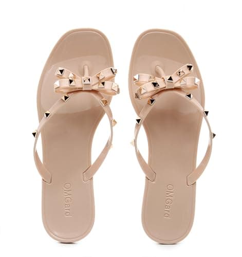 OMGard Womens Studded Sandals Bow Flip Flops Jelly Shoes Womens Beige Jellies Flat Size 8.5, Summer Beach Thong Slides with Rivets Dressy Slippers Slip On thumbnail 4