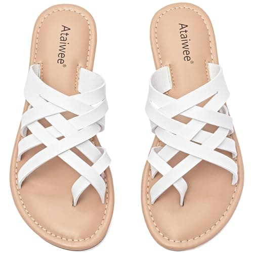 Ataiwee Women's Flat Slide Sandals – Comfort Casual Multiple Cross Pinstripe Summer Shoes.(1908021-4,WT/MF,7.5)