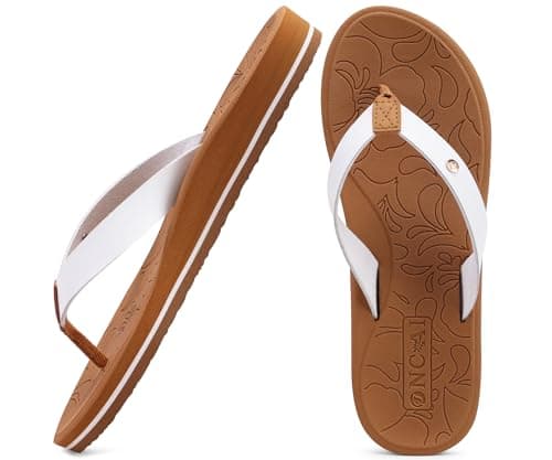 ONCAI Womens Flip Flops Arch Support Yoga Mat Summer Beach Leather Woman Dressy Thong Sandal for Women 2025 with Plantar Fasciitis Walking Ladies Sandal Outdoor Rubber Soles White/Khaki Size 8