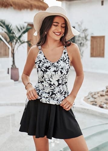 Kate Kasin Tankini Swimsuits for Women Two Piece Bathing Suits with Skirt Tummy Control Modest Drawstring Ruched Swimdress Black Floral thumbnail 2
