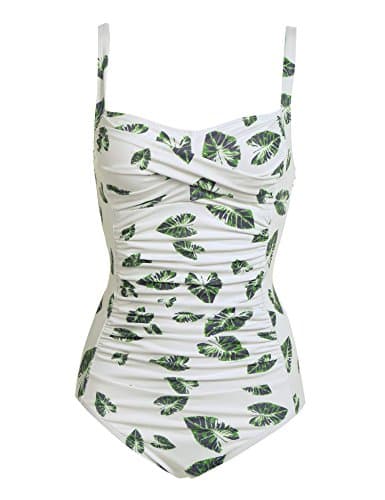 Ekouaer Women's One Piece Swimsuit Ruched Tummy Control Bathing Suits Vintage Retro Push Up Swimwear Green Leaves XXLarge thumbnail 4