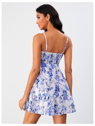 SOLY HUX Women's Summer Sleeveless Mini Dress Floral Sundress Smocked Boho Beach Cami Short Dresses Blue Multi Small thumbnail 2