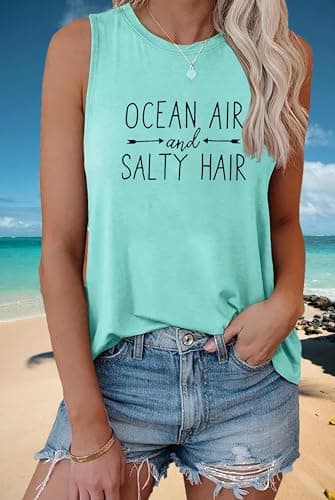 FBPQJYW Beach Tank Tops for Women: Ocean Air and Salty Hair Shirt Cruise Shirts Salt Beach Sleeveless Tank Summer Vacation Shirt, Medium, Lakegreen thumbnail 2