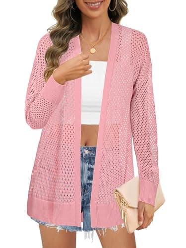 MEROKEETY Women's 2025 Beach Swim Cover Up Summer Oversized Kimono Lightweight Crochet Long Sleeve Cardigan Sweater, Pink, Large thumbnail 2