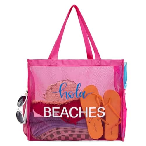 Montana Mesh Beach Travel Bag for Women Large Pink Pool Bag Net Big Shoulder Lightweight Swim Tote Bag with Pockets