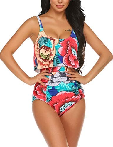 ADOME Women's Printed Bikini Set Ruffled Swmsuits Highwaist Tummy Control Swimwear (Red, S) thumbnail 2