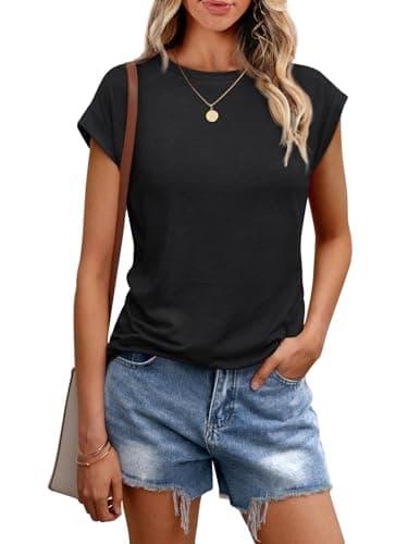 AUTOMET Womens Summer Tops T Shirts Cap Sleeve Business Casual Dressy Spring Fashion Outfits Cute Trendy Vacation Clothes 2025 Black M