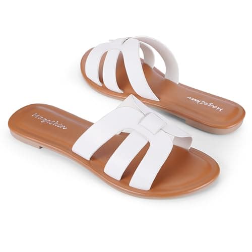mazeskin Womens H-Band Flat Sandals Summer Comfortable Dressy Slide Beach Sandals,White US10 thumbnail 3