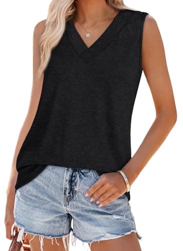 WIHOLL Womens Tank Tops Summer Tops for Women 2025 V Neck T Shirts Trendy Sleeveless Tunic Tops Beach Shirt Black Tops Basic Shirts Black L thumbnail 3