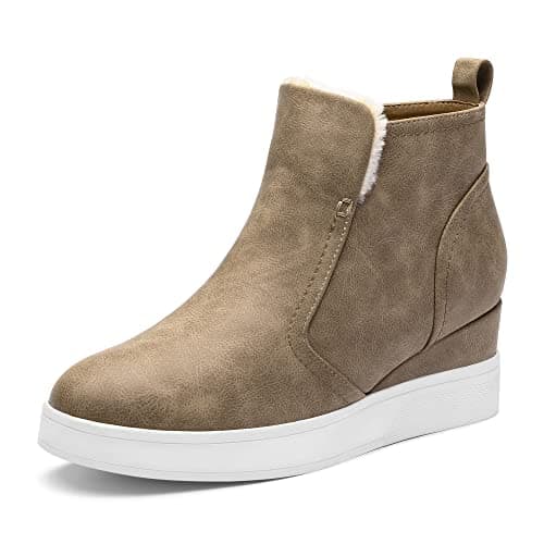 DREAM PAIRS Women’s Slip on High Top Wedge Sneakers Hidden Heel Platform Wedgie Ankle Booties,Size 9,Taupe/pu,DAB218
