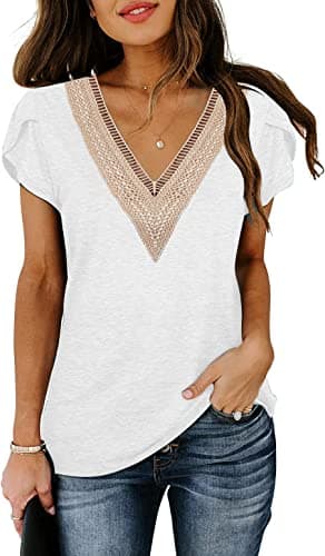 ETCYY Womens Summer Tops 2025 Trendy Casual Spring Striped Print Cute Petal V Neck Cap Short Sleeve Shirts,White,Large thumbnail 2