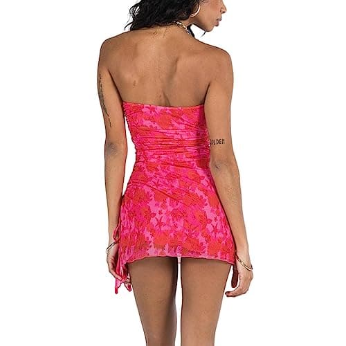 Generic Women Strapless Tube Mini Dress Sleeveless Off Shoulder Floral Print Bodycon Mini Dress Se Summer Club Party Dressxy (Red, S), Small thumbnail 4