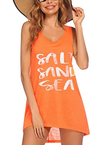 Ekouaer Beach Cover Up for Women Summer Casual V Neck T-Shirt Dresses Printed Tank Dress Orange XX-Large