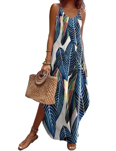 Zeagoo Maxi Dress for Women 2025 Beach Split Long Loose Camisole Spaghetti Strap Summer Vacation Dress Leaf S