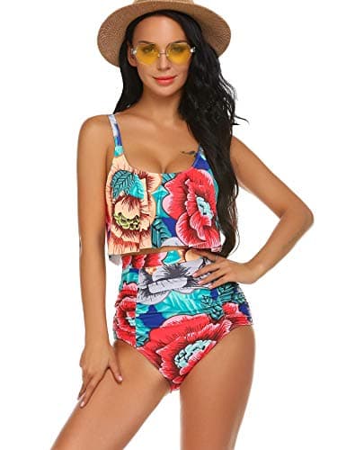 ADOME Women's Printed Bikini Set Ruffled Swmsuits Highwaist Tummy Control Swimwear (Red, S) thumbnail 4