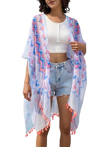 Chunoy Women Floral Print Lightweight Open Front Beach Wear Kimono Cover Up