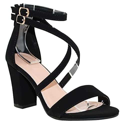TRENDSUP Women's Open Toe Ankle Strap High Chunky Heel Sandals (8, Black Nubuck, numeric_8)