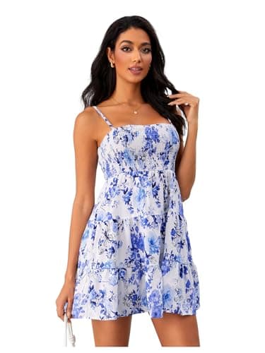 SOLY HUX Women's Summer Sleeveless Mini Dress Floral Sundress Smocked Boho Beach Cami Short Dresses Blue Multi Small