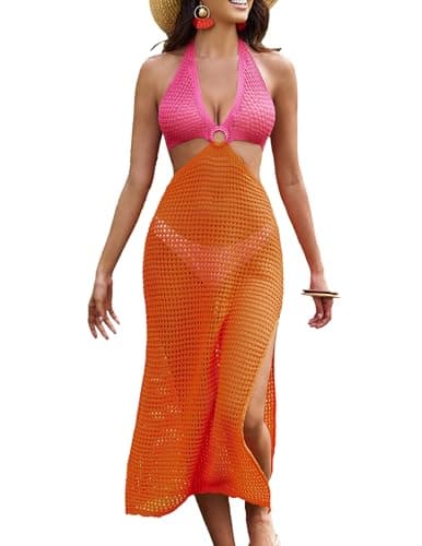 AI'MAGE Womens Swimwear Cover Ups Crochet Dress Bathing Suit Coverup Long Sleeveless Knitted Beach Outfits Orange